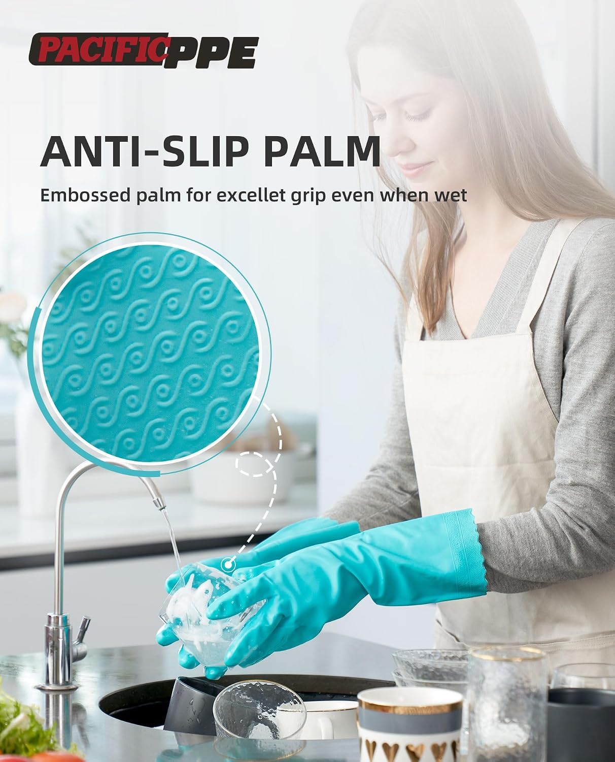 PACIFIC PPE 2 Pairs Reusable Dishwashing Cleaning Gloves with Latex Free, Cotton Lining, Kitchen Gloves, Blue, Medium