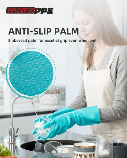 PACIFIC PPE 2 Pairs Reusable Dishwashing Cleaning Gloves with Latex Free, Cotton Lining, Kitchen Gloves, Blue, Medium