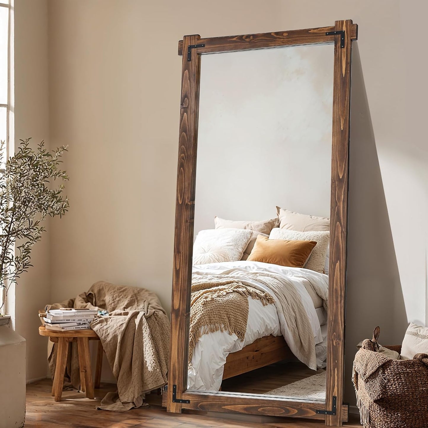 65x24 Inch Full Length Mirror, Pine Frame Full Body Standing Mirror with Metal Decorative, Black
