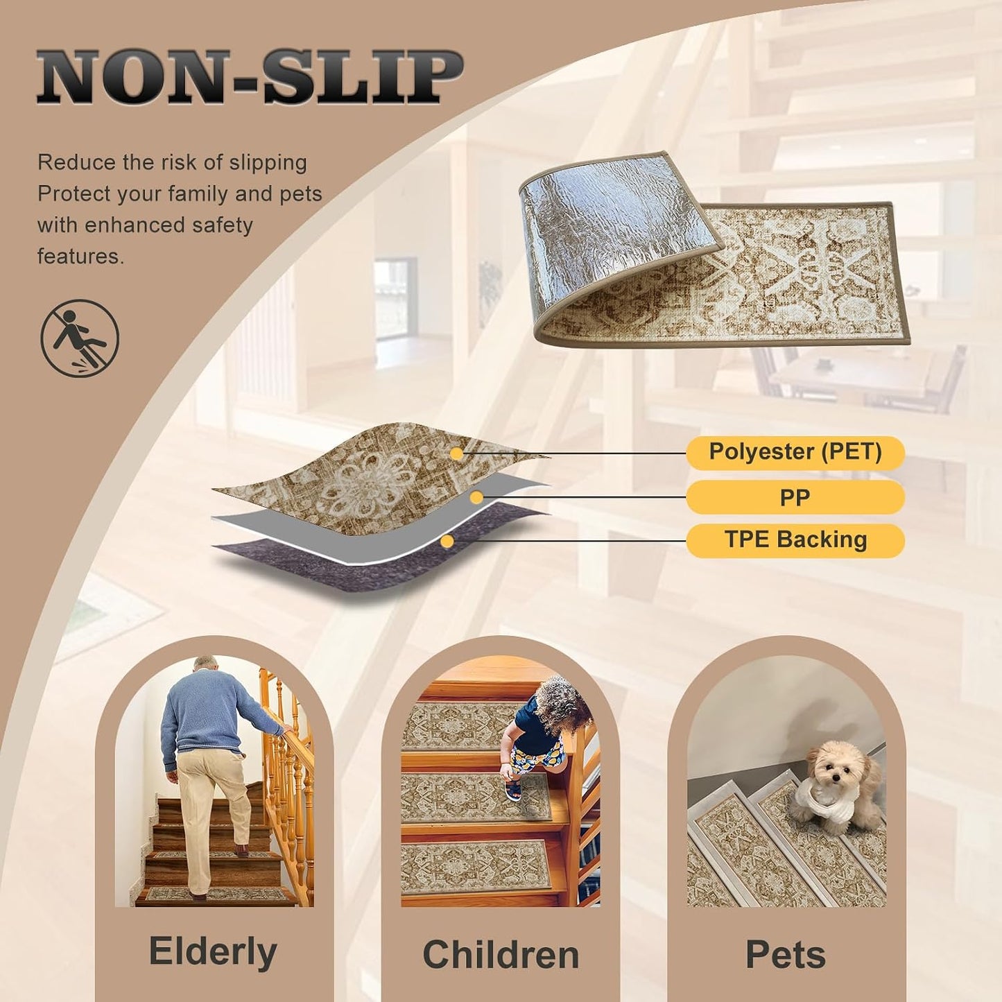 Non Slip Stair Treads for Wooden Steps, 15 Pack 8"x30" Washable Carpet | 8x30 in soft chenille polyester stair treads with reusable TPE backing for indoor wood stairs, dogs, kids, and seniors