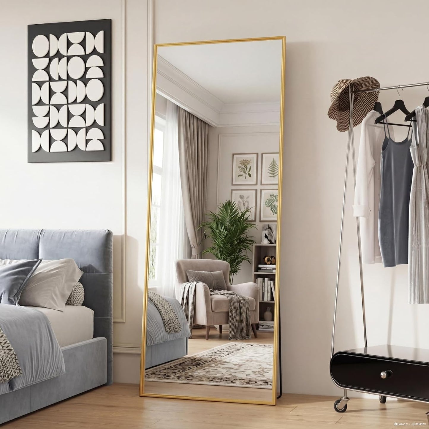 DUMOS 64"x21" Arched Full Length Floor Mirror, Full Body Mirror with Stand, Shatterproof Tempered Glass, Modern Aluminum Alloy Frame, Free Standing or Leaning for Home Decor, Gold