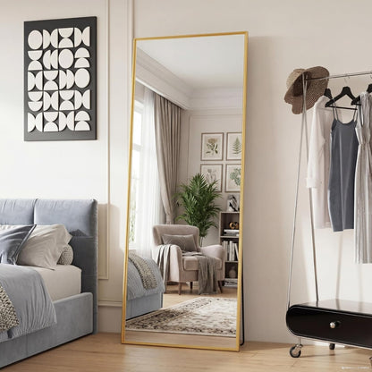 DUMOS 64"x21" Arched Full Length Floor Mirror, Full Body Mirror with Stand, Shatterproof Tempered Glass, Modern Aluminum Alloy Frame, Free Standing or Leaning for Home Decor, Gold