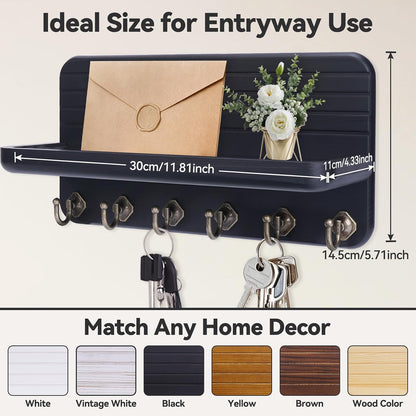 Key Holder for Wall, Mail Organizer Wall Mount with 6 Hooks Wooden Hanging Key Rack for Home Decor, Hallway, Entryway (Brown)