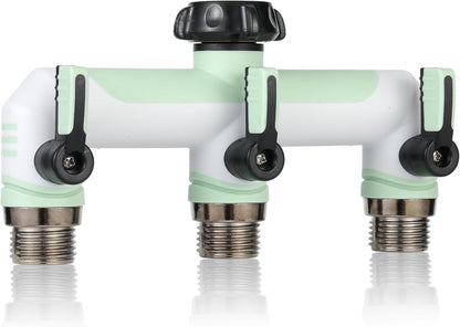 ATAOSGRGarden Hose Splitter 3 Way, 3/4" Outdoor Faucet Splitter, Tap Connector with On/Off Valves and Extended Handle, Tap Adapter Garden Hose Connector for Garden Outdoor Home - Greens
