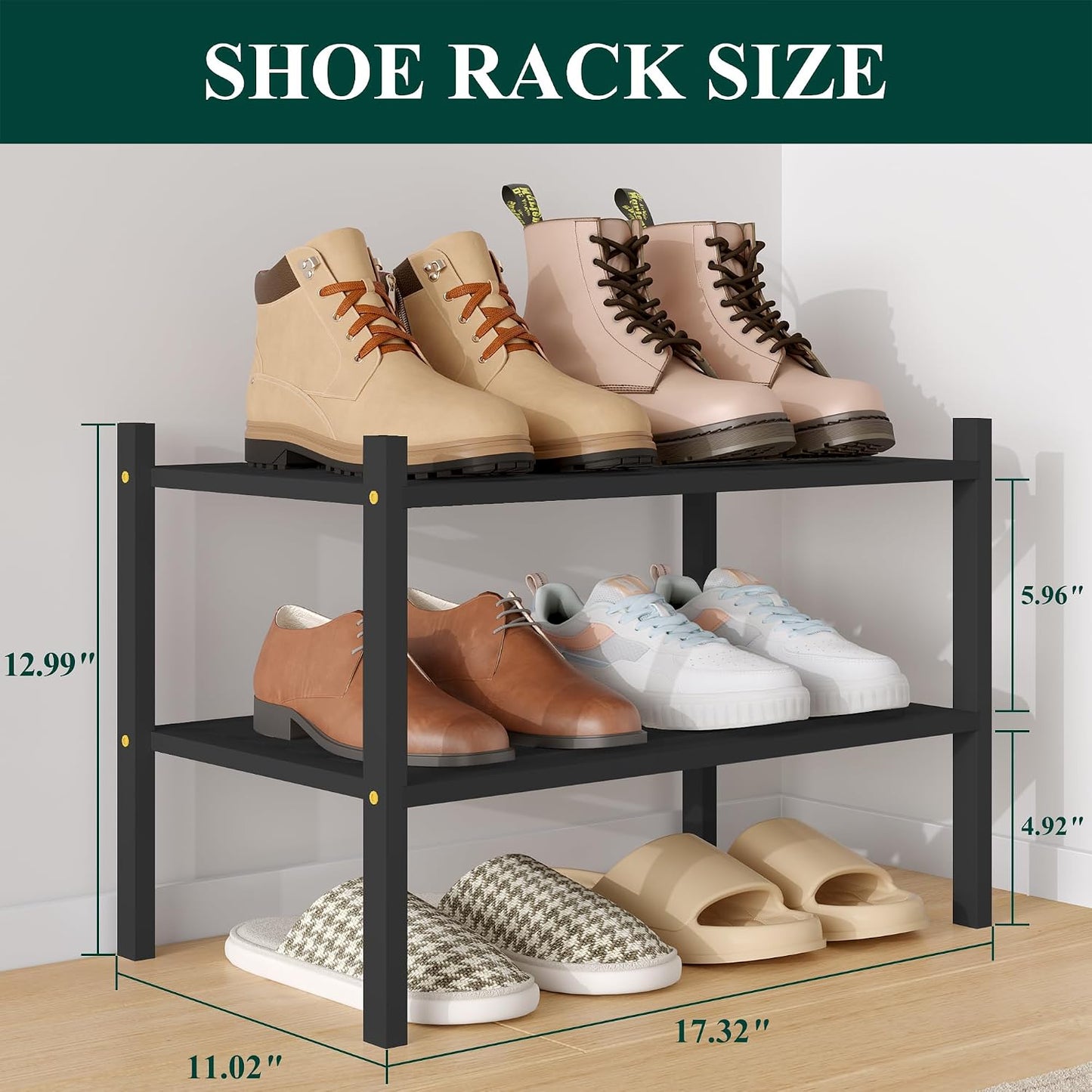Smiry Bamboo Shoe Rack, 3 Tier Free Standing Wooden Shoe Organizer, Stackable Wood Shoe Storage Shelf for Closet, Entryway, 5 Horizontal Slats, 26.8"x11"x18.3", Natural