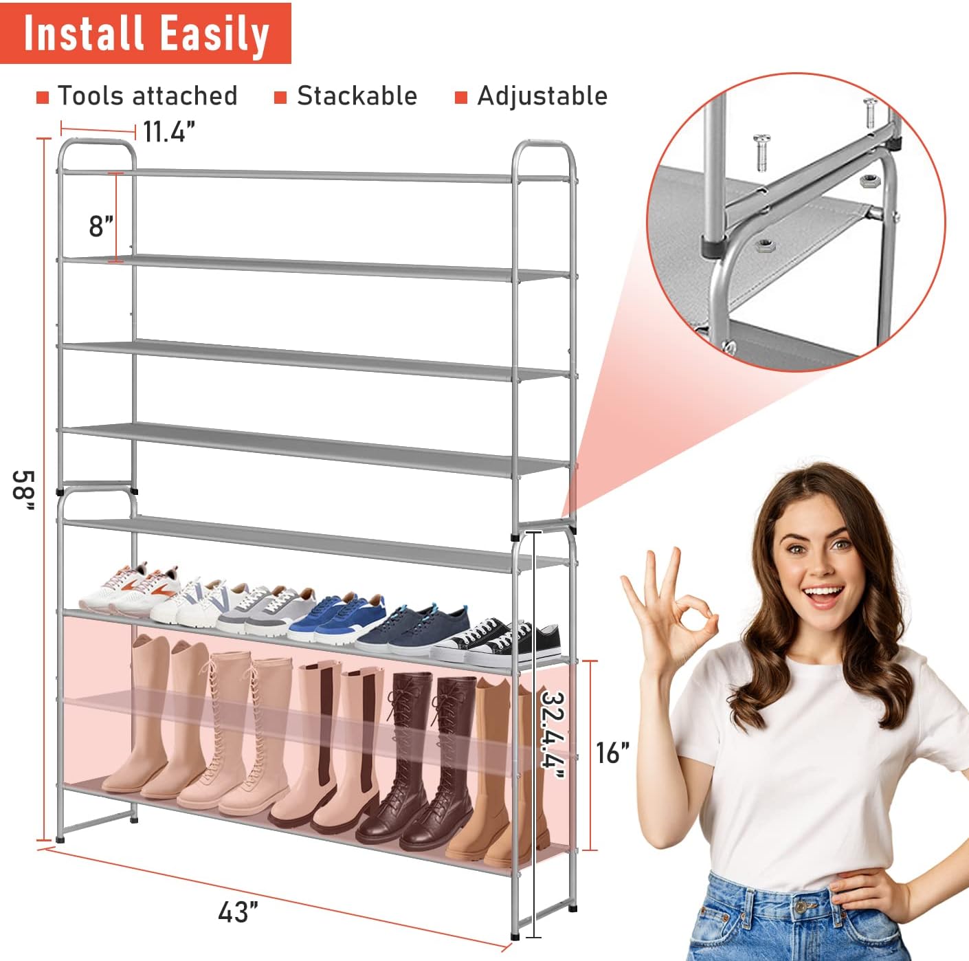 MISSLO 3-Tier Long Shoe Rack for Closet Shoe Organizer for Closet Floor Entryway Storage Stackable Wide Shoe Shelf Stores 24 Pairs of Men Sneakers, Black