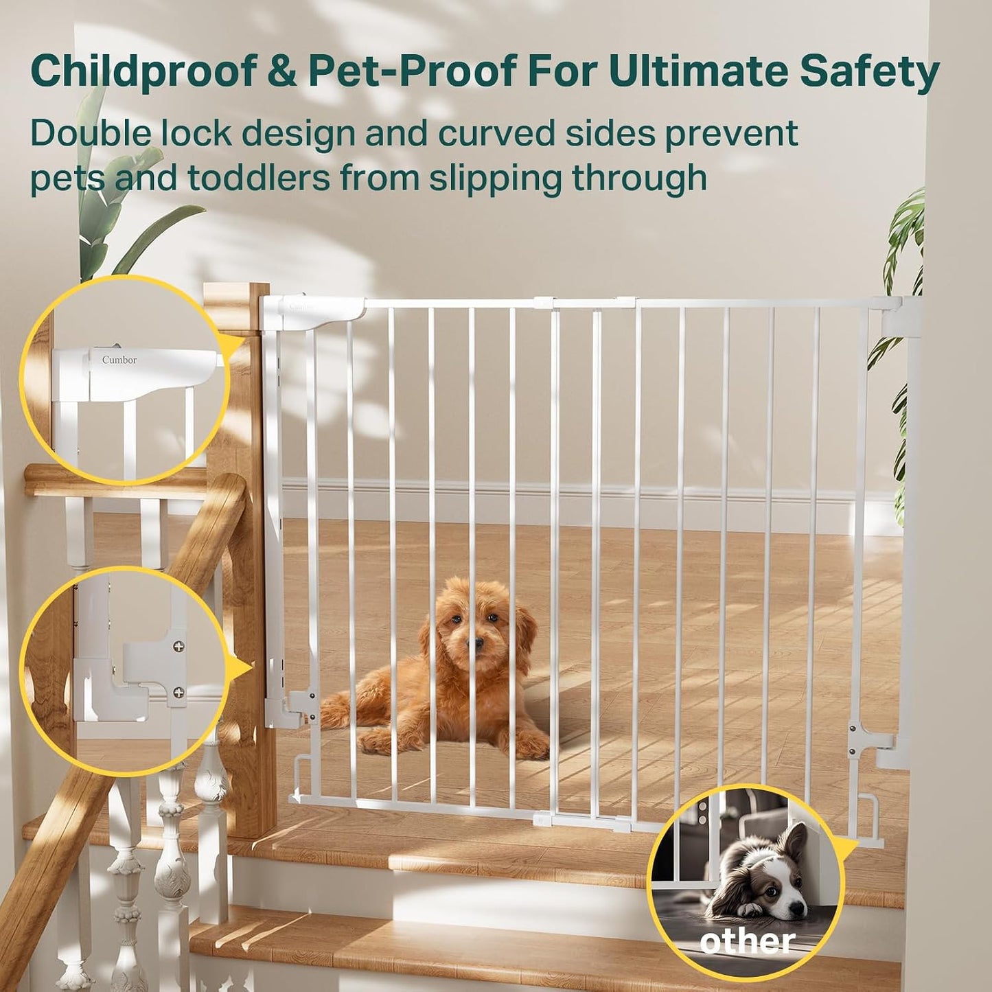 Cumbor 29.2–43" Baby Gate for Stairs, Hardware Mounted (Drill Required), Expandable No Bottom Bar Dog Gate, Auto Close Extra Wide Walk Thru, Pet & Toddler Proof Gate, Top & Bottom of Stairways (White)