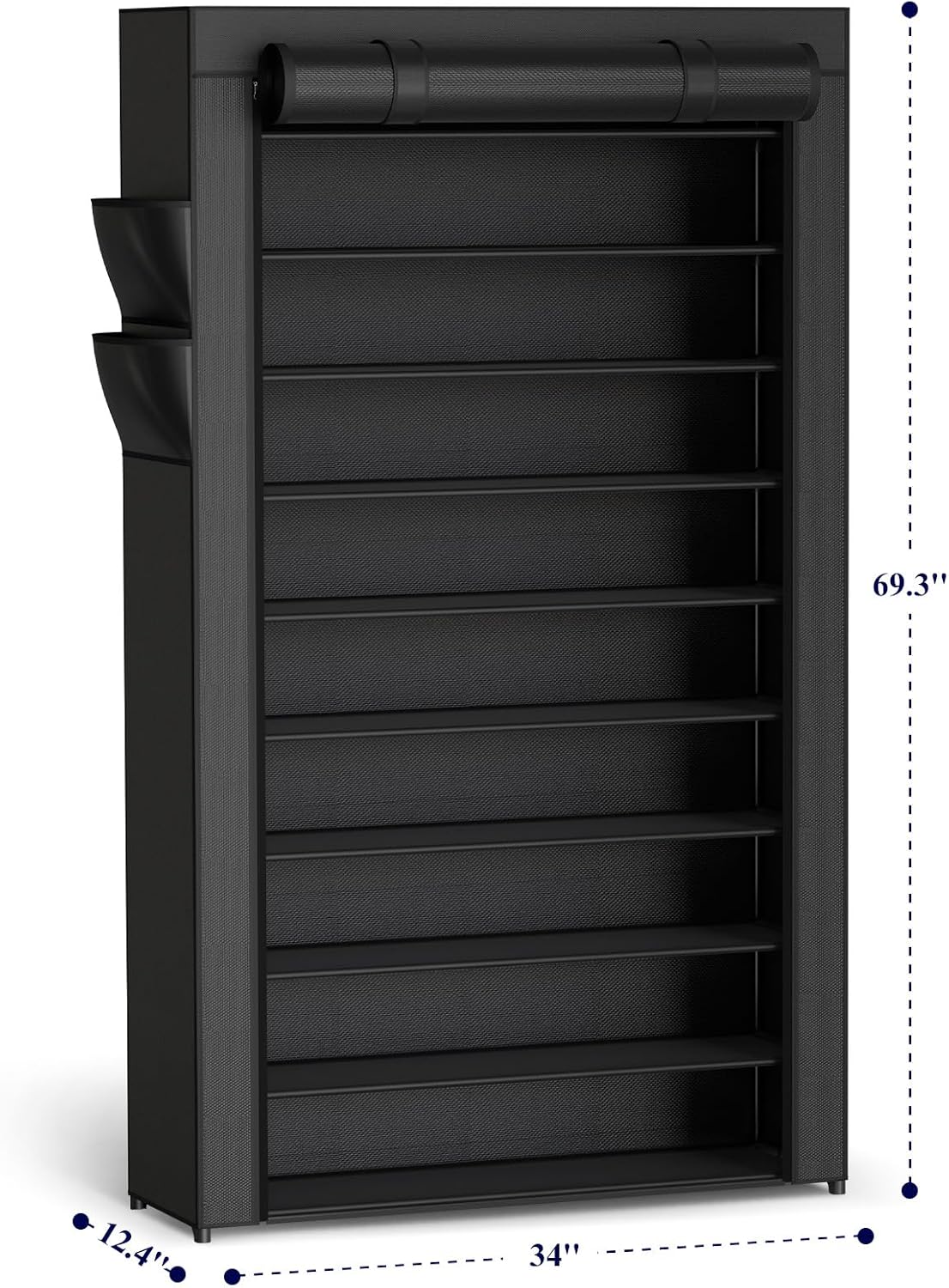 Kitsure Shoe Rack - 10-Tier Large Capacity Shoe Organizer Shelf with Dust Cover & Side Pockets, Rust-Proof Metal Shoe Rack for Closet, Entrance, Living Room, 17.5" x 12.4" x 69.3", Black