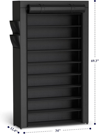 Kitsure Shoe Rack - 10-Tier Large Capacity Shoe Organizer Shelf with Dust Cover & Side Pockets, Rust-Proof Metal Shoe Rack for Closet, Entrance, Living Room, 17.5" x 12.4" x 69.3", Black