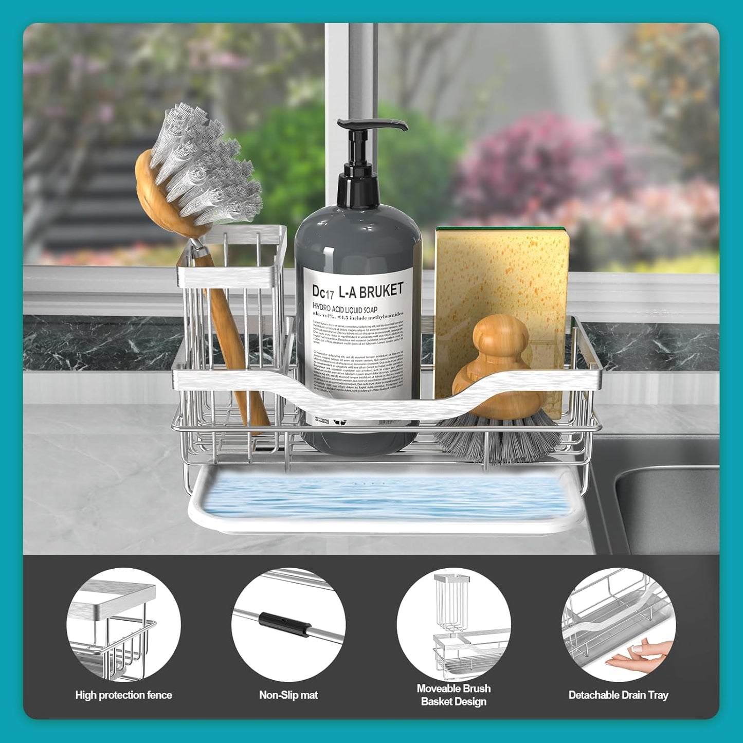 Sponge Holder for Kitchen Caddy Sink Organizer, Multifunctional Rustproof Dish Soap Sponge Caddy for Sink Counter with Detachable Brush Holder & Drain Tray - Storage Kitchen & Home Accessories