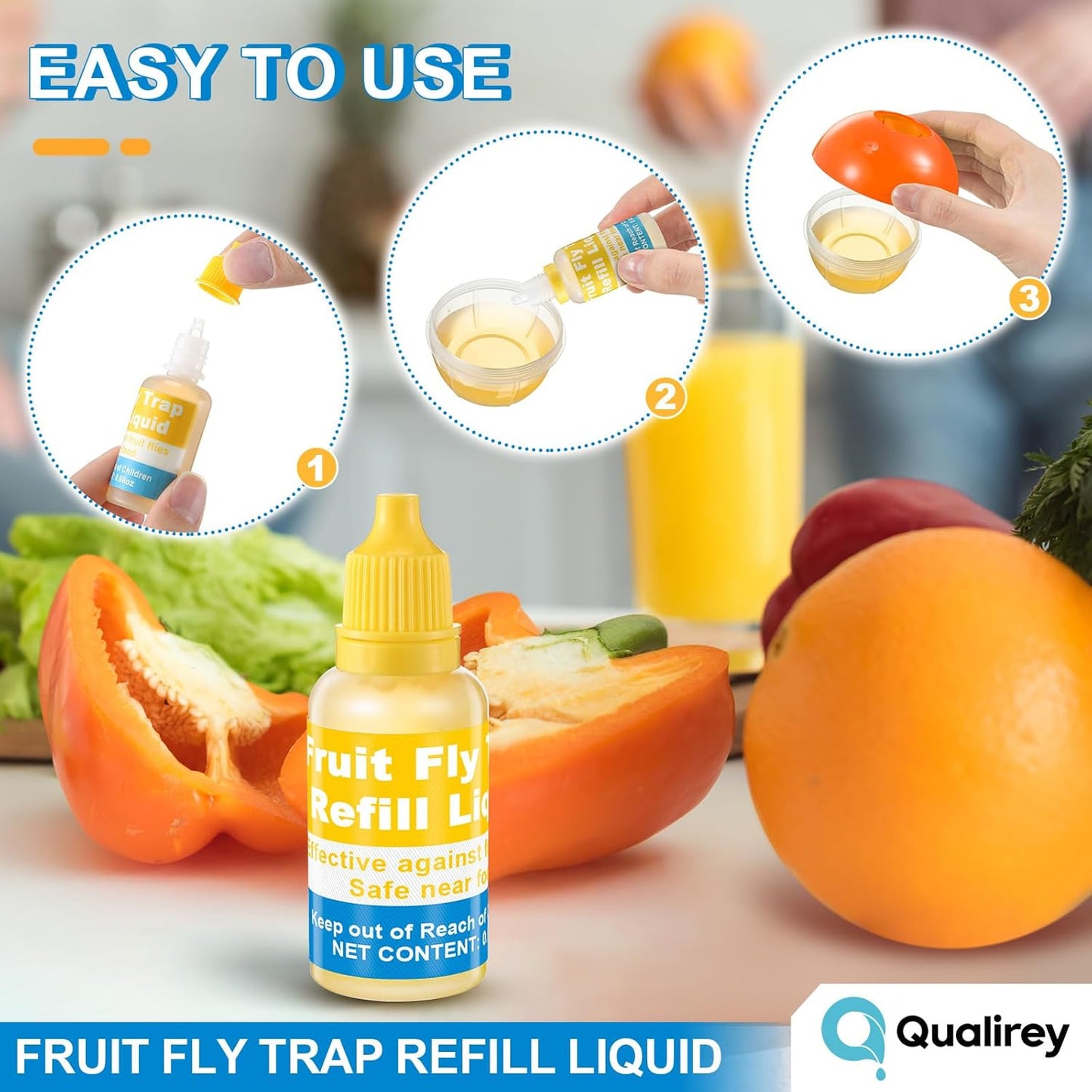 Qualirey Fruit Fly Trap for Indoor and Kitchen Use, 0.68 oz Each Bottle Fruit Fly Trap Refill Liquid, Ready to Use, Safe Near Food, Efficient Lure Refill Liquid, Yellow(12 Pack)