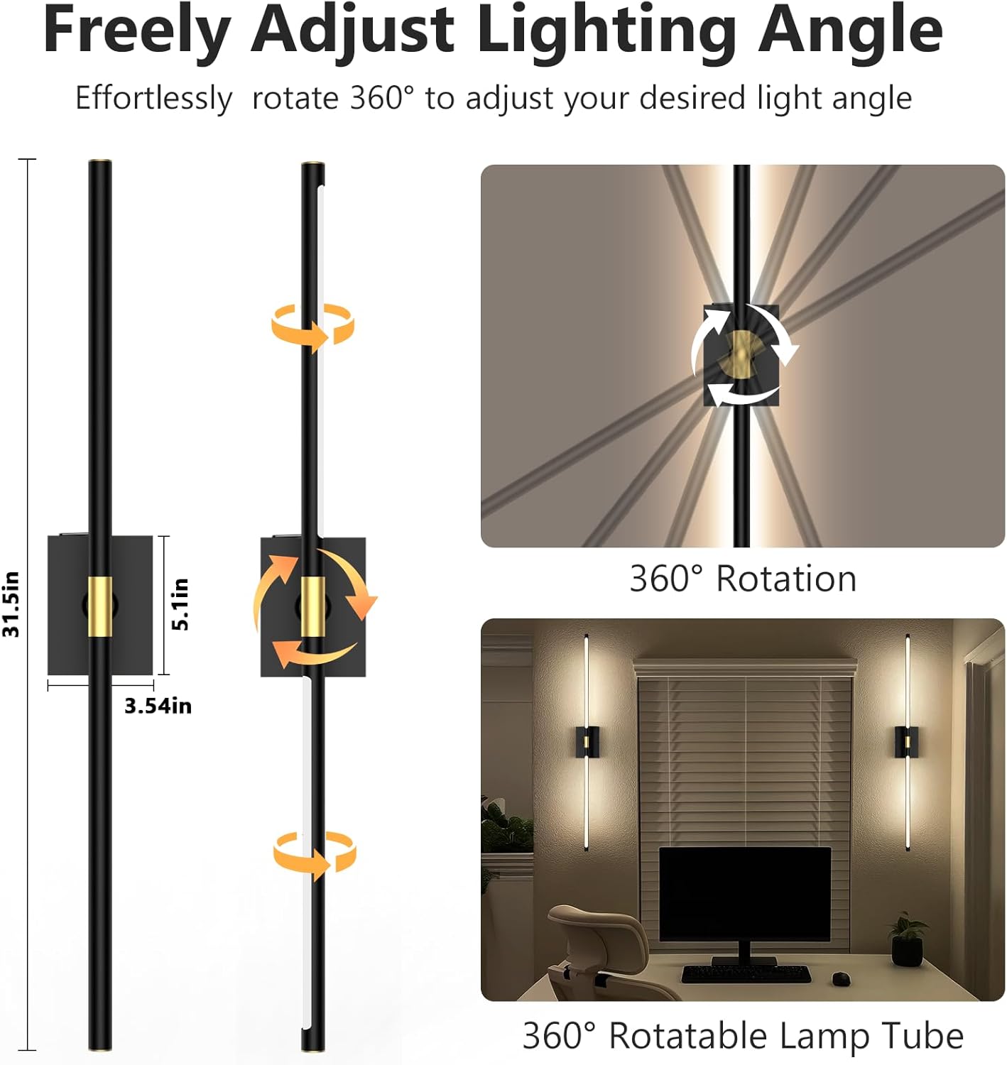 Eneru Battery Operated Wall Sconce Lights - 10000mAh Rechargeable Wireless Wall Sconces Set of Two with Touch and Remote, 360° Rotate, 4 Colors LED Wall Lamp for Living Room Bedroom Hallway (Gold)