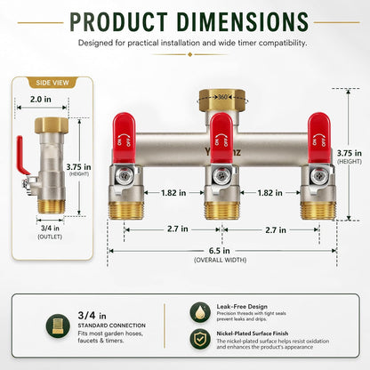 Garden Hose Splitter 3-Way, Heavy Duty Brass Hose Splitter | Outdoor Water Spigot Splitter, Full Flow, Long Handles, Shut-off Valves, Wide Spacing Fit Large Timer