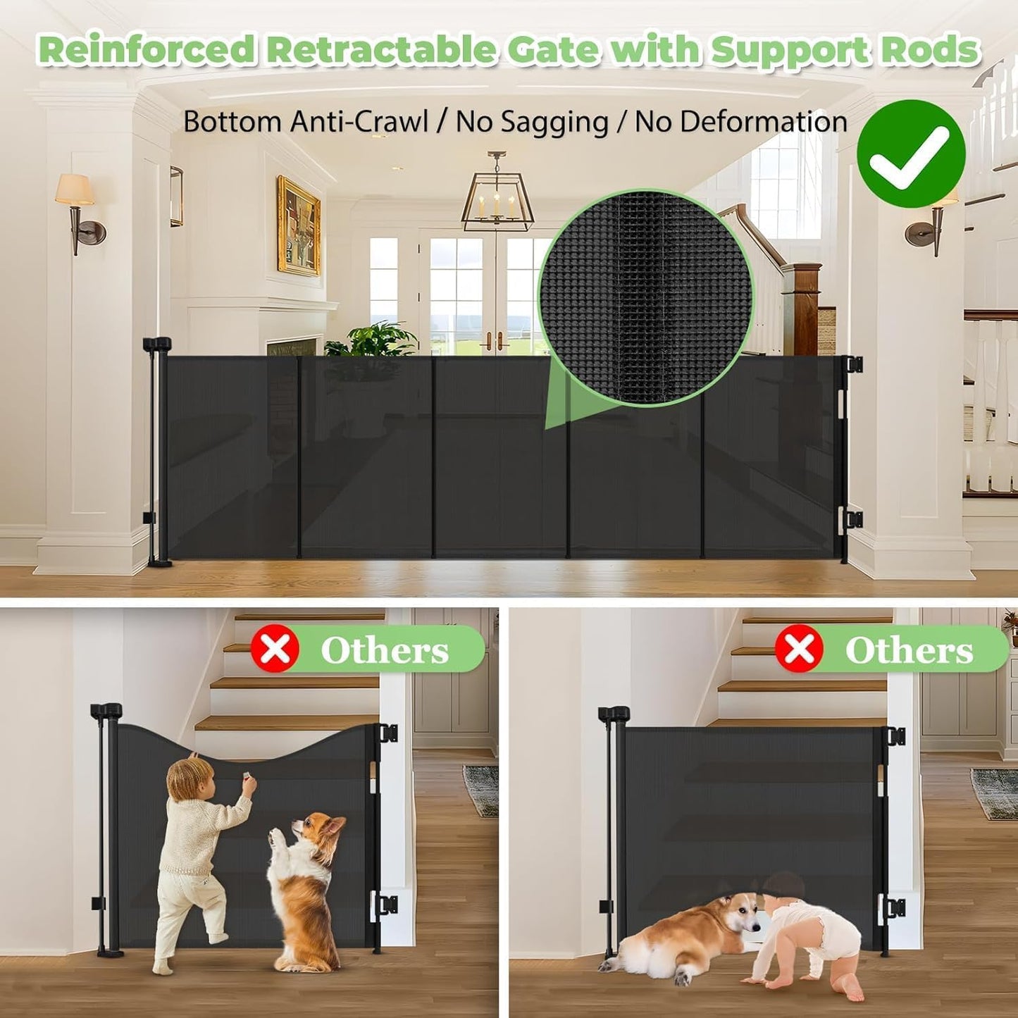 Reinforced 60" Wide Retractable Baby Gates with Upgraded Rods - Bottom Anti-Escape, 5 ft Mesh Baby Gate Retractable Dog Gate Indoor Pet Gate Retractable Stair Gate Outdoor Retractable Gate, Black