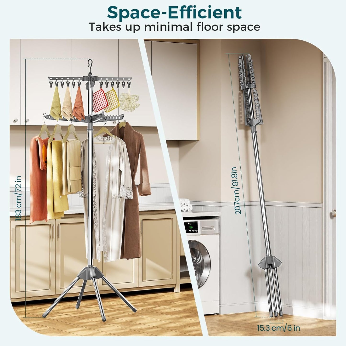 KINGBOARD Clothes Drying Rack, 2-Tier Foldable Drying Rack Clothing, 72-Inch Laundry Drying Rack with 3 Rotatable Arms and 24 Clips, Free Standing Drying Rack, Grey and Silver