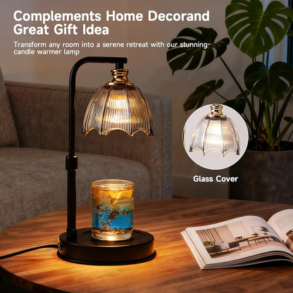 Candle Warmer Lamp with Timer, Dimmer, Vintage Glass Shade | Adjustable height, 2/4/8-hour timer, wood base, 2 bulbs included