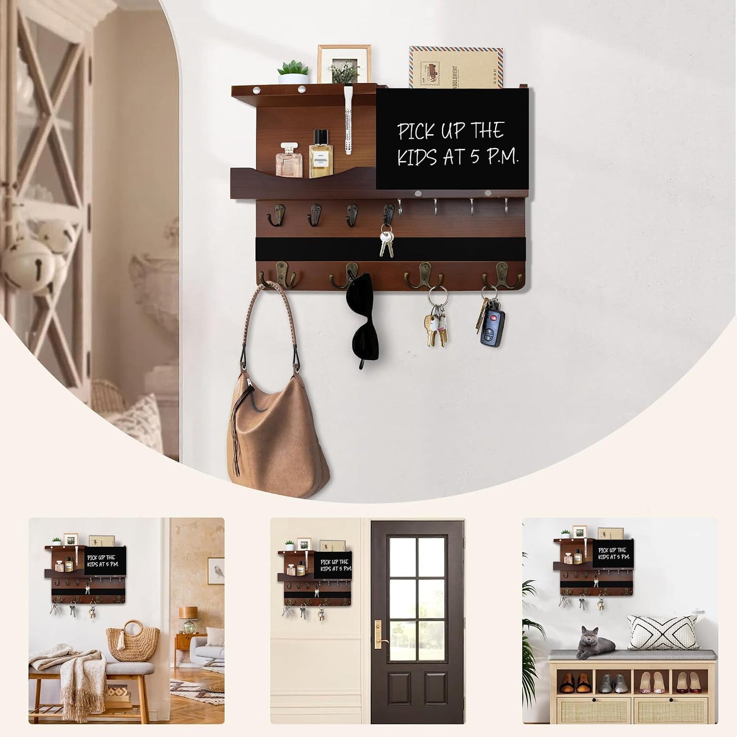 Key Holder for Wall Mount with Shelf and Mail Organizer, Key and Mail Holder with 16 Hooks, Farmhouse Entryway Organizer, Home Decor Rack (Pine Wood, Black)