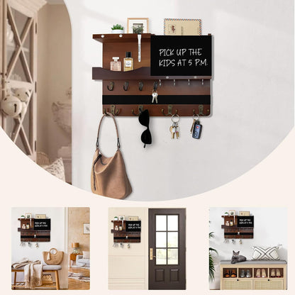 Key Holder for Wall Mount with Shelf and Mail Organizer, Key and Mail Holder with 16 Hooks, Farmhouse Entryway Organizer, Home Decor Rack (Pine Wood, Black)