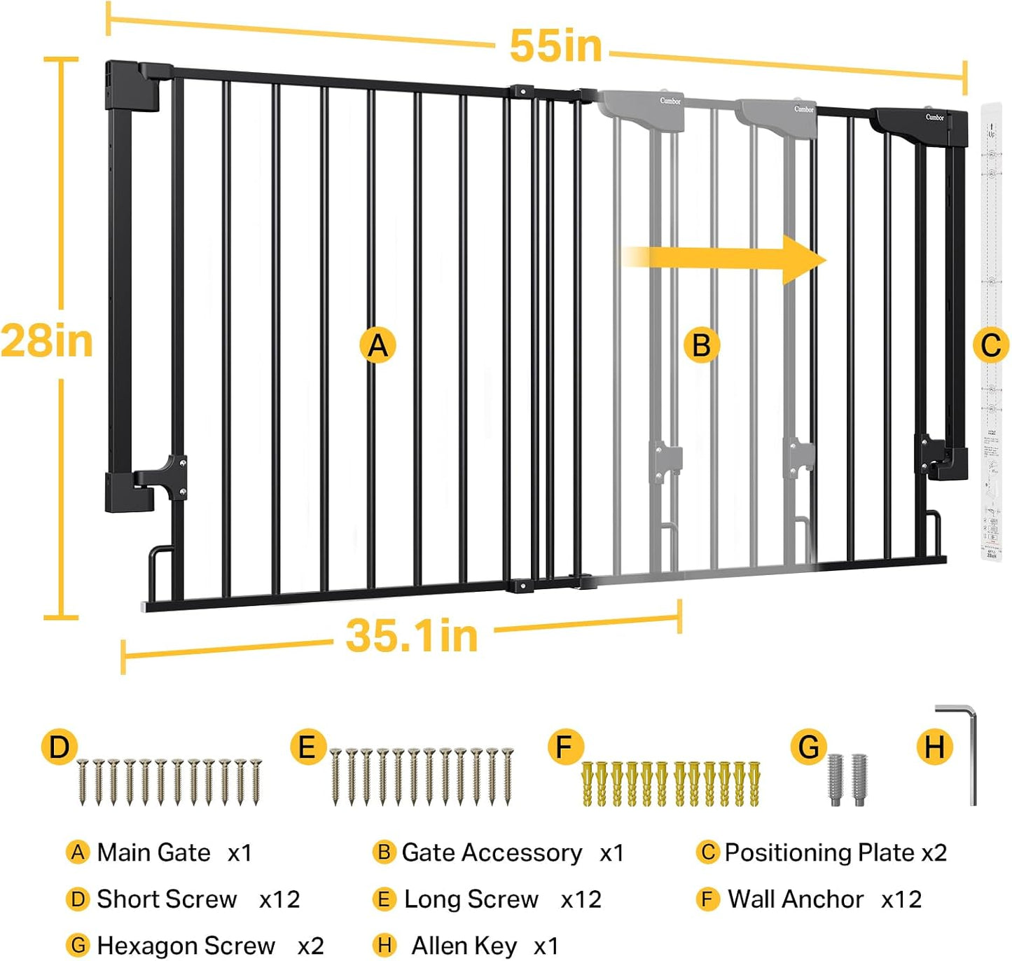 Cumbor 29.2–43" Baby Gate for Stairs, Hardware Mounted (Drill Required), Expandable No Bottom Bar Dog Gate, Auto Close Extra Wide Walk Thru, Pet & Toddler Proof Gate, Top & Bottom of Stairways (White)