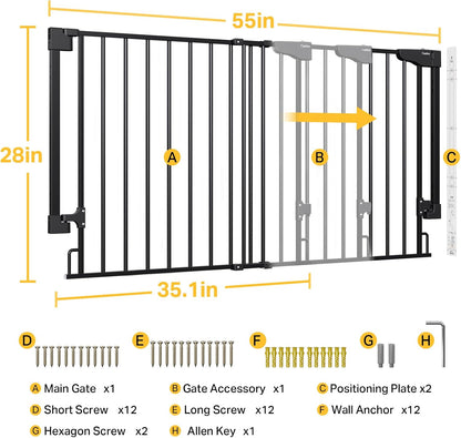 Cumbor 29.2–43" Baby Gate for Stairs, Hardware Mounted (Drill Required), Expandable No Bottom Bar Dog Gate, Auto Close Extra Wide Walk Thru, Pet & Toddler Proof Gate, Top & Bottom of Stairways (White)