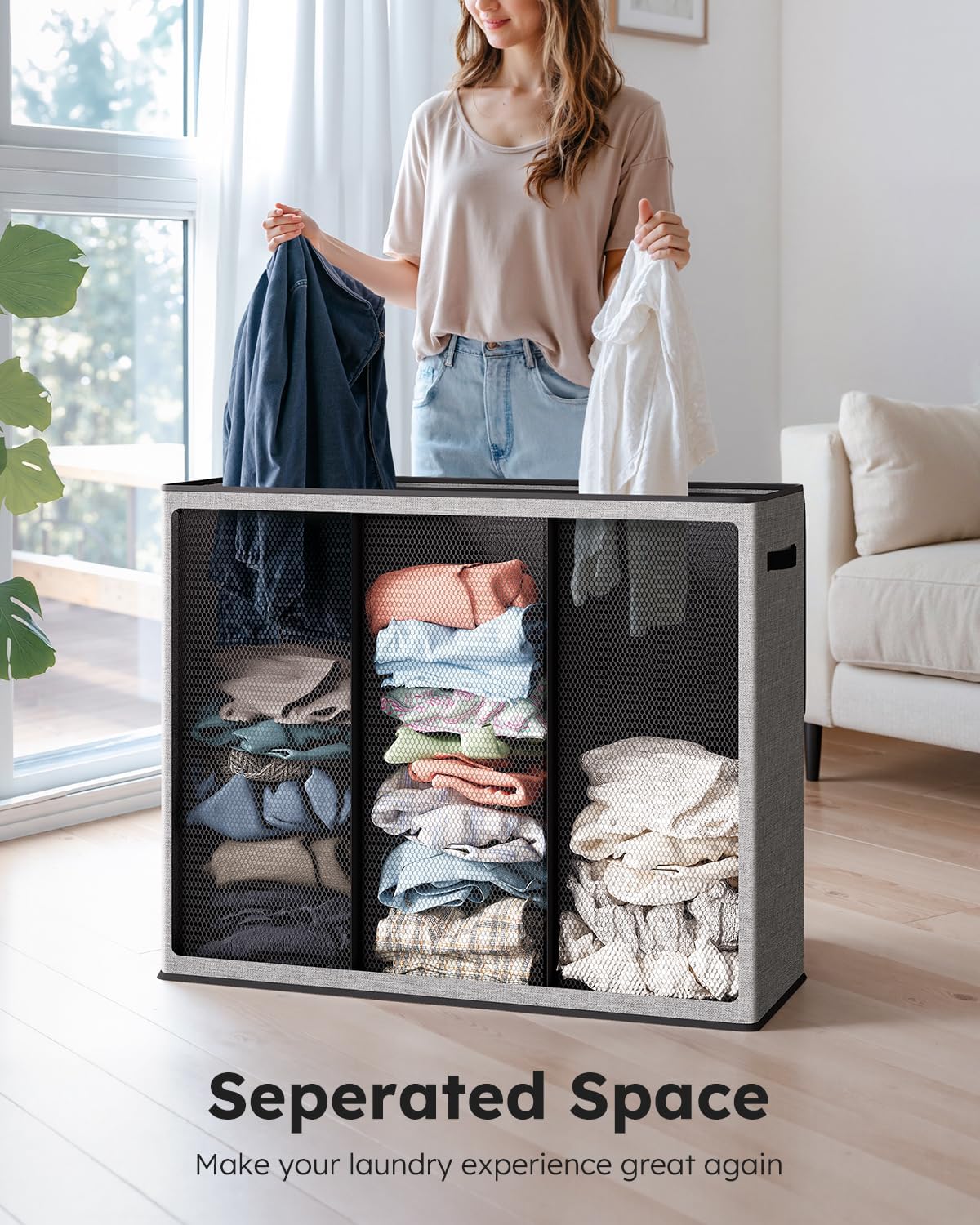 SOLEDI 180L Laundry Hamper 3 Section, Extra Large Laundry Hamper with Lid, Dirty Clothes Hamper with Sturdy Handle, Large Laundry Basket Organizer for Laundry Room, Bedroom, Hampers for Laundry
