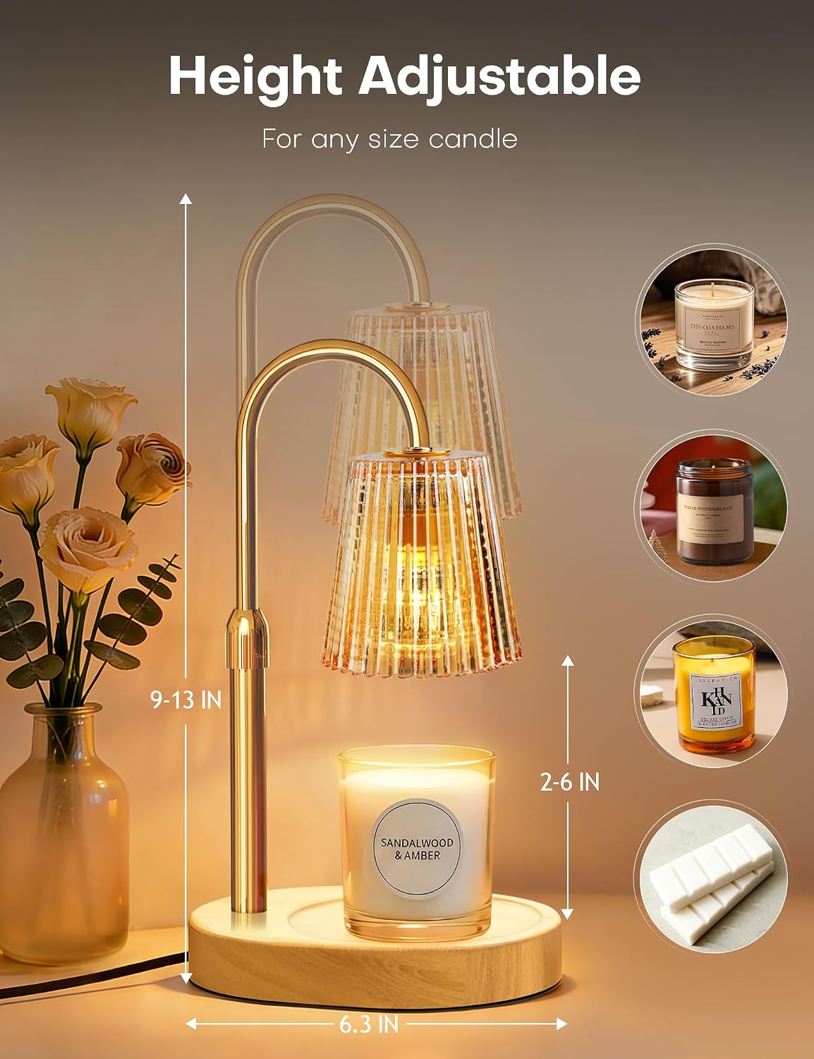 Candle Warmer Lamp with Timer Dimmer Adjustable Height, Electric Wax Melts Warmer for Jar Candles, Birthday Christmas House Warming Gifts for Women Mom, New Home Bedroom Decor with 2 Bulbs