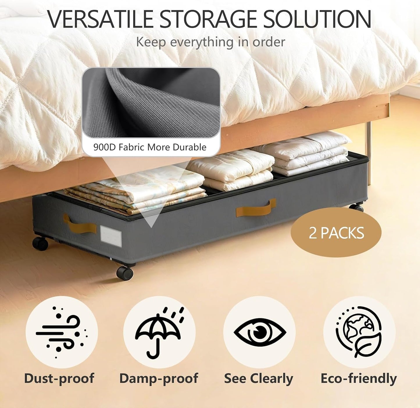 Under Bed Storage with Wheels 2-Pack, 75L XXL Under the Bed Storage Containers Large, 12" Tall Adjustable Storage for Underbed with Lids, Rolling for Clothes, Shoes, Blankets (Black)