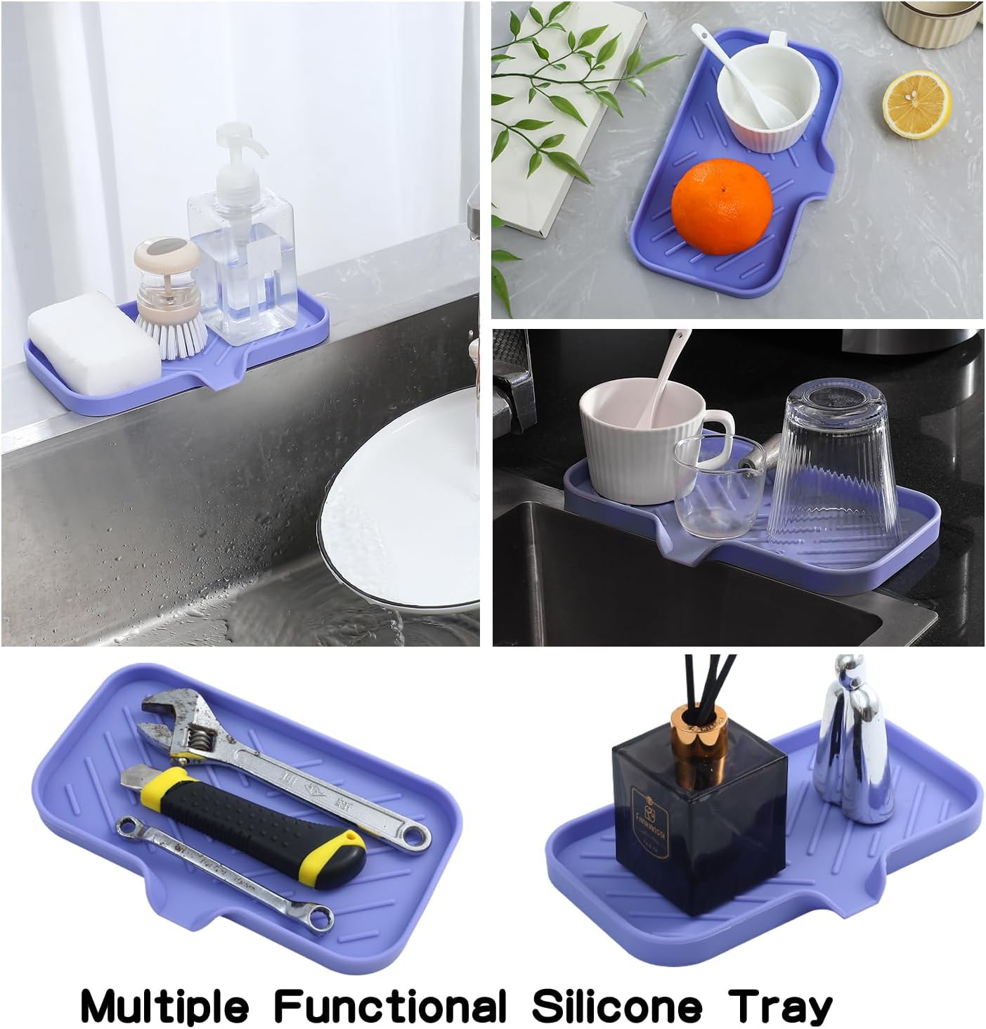 MicoYang Silicone Bathroom Soap Dishes with Drain Spout-Bathroom and Kitchen Sink Organizer,Sponge Holder,Dish Soap Tray,Perfect for Dispenser,Scrubber,Bottle,Cup on Sink or Counter-Coffee 4.9"×3.2"