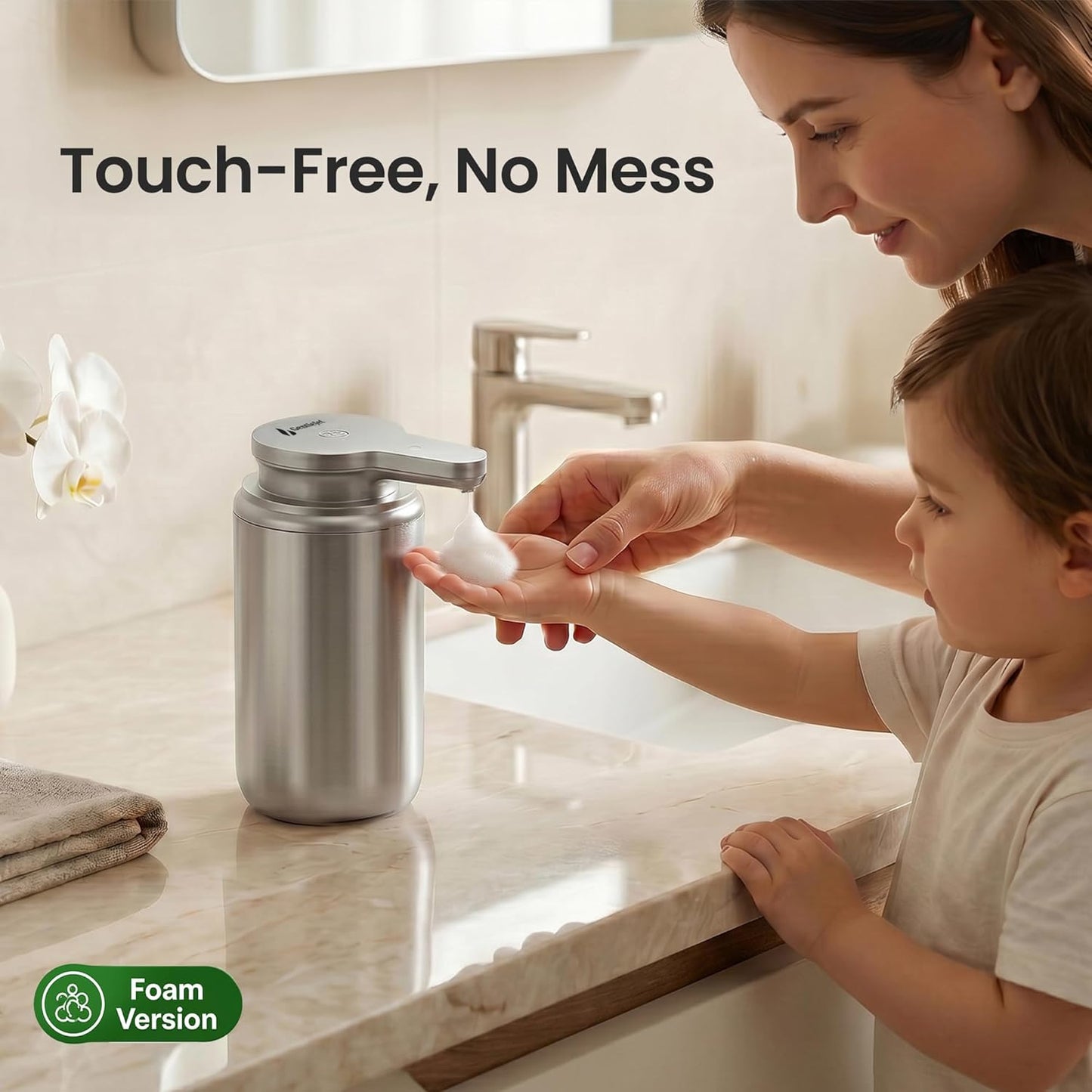 GentleJet WaveJet Automatic Foaming Soap Dispenser – Touchless Sensor, USB-C Rechargeable, 304 Stainless Steel, IPX5 Waterproof for Bathroom Kitchen Sink, 12 oz / 350 ml