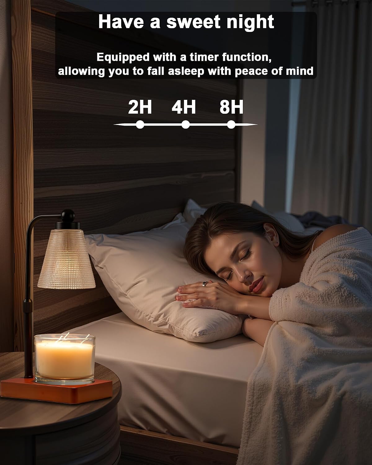 Candle Warmer Lamp with Timer - Adjustable Height & Brightness - Wood Base Glass Shade - 2 Bulbs Included(Square Gold)