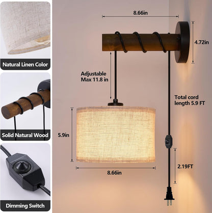 XSDeTu Rechargeable Battery Operated Wall Sconces Set of 2, Modern Battery Powered Wall Light with Wooden Arm & Remote Control, Adjustable 3 Colors Dimmable Wall Lamps for Bedroom, Living Room