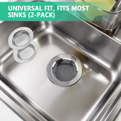TENOC 2 Pack Kitchen Sink Strainer Stainless Steel, Heavy Duty Drain Strainer with Curved Rolled Edge, Anti Clog Slop Basket Filter Trap for Drain Hole, Silver