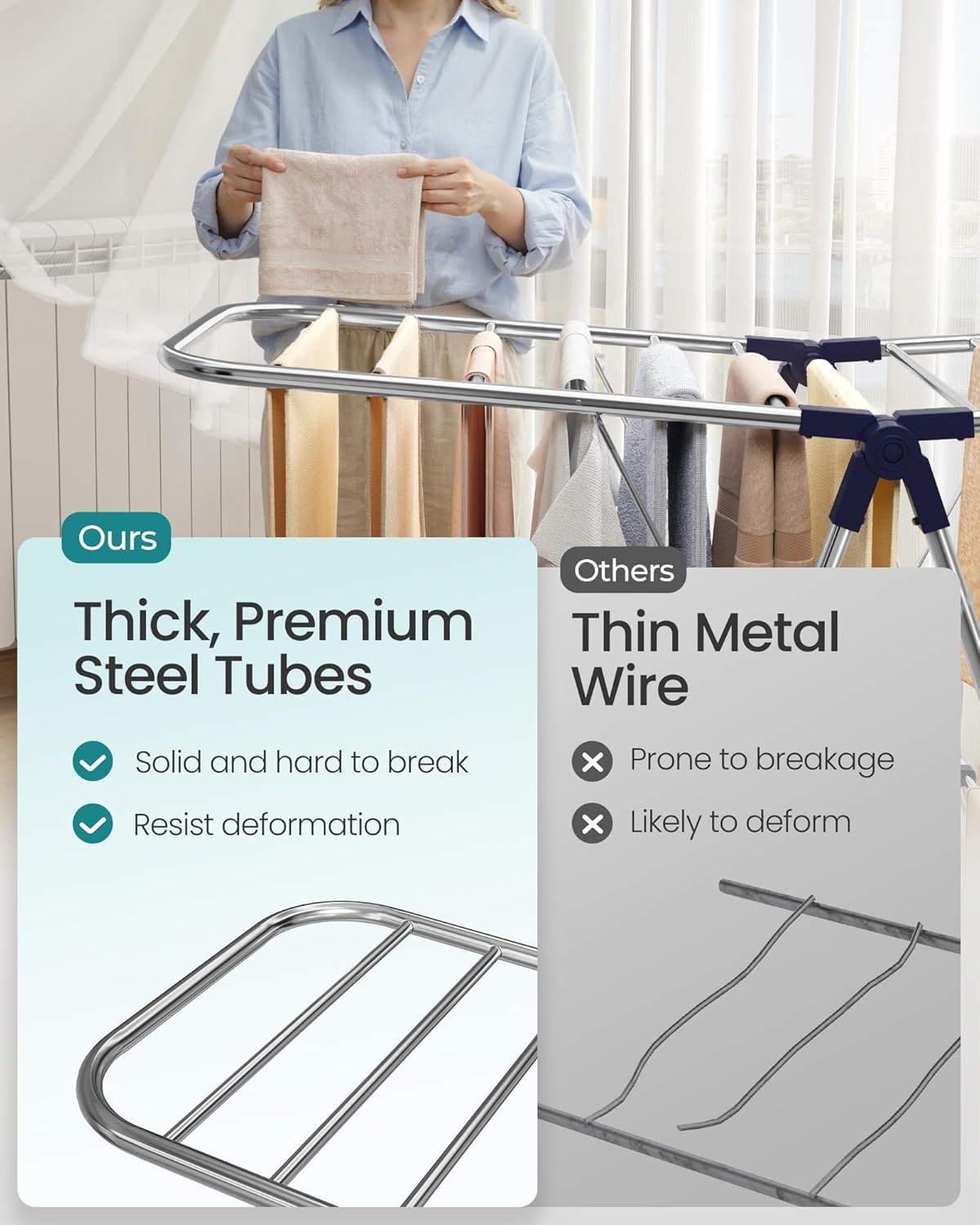 SONGMICS Clothes Drying Rack, Foldable Laundry Drying Rack, Blue | Sock Clips, Metal Clothes Airer with Height-Adjustable Gullwings, Space-Saving, Indoor Outdoor, ULLR505EQ01