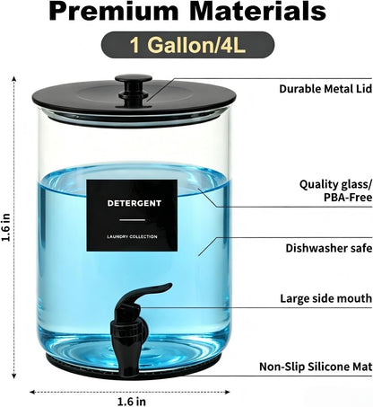 Glass Laundry Detergent Dispenser,1 Gallon Large Liquid Soap 2 Pack(Gold) | Complete borosilicate jars set with leakproof spigots, protective silicone mats, minimalist labels, and dosing cups
