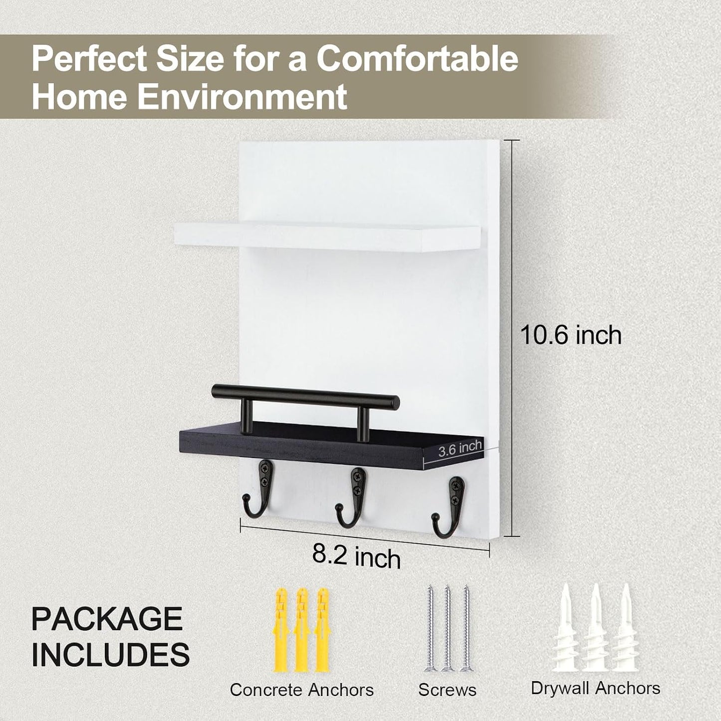 Key Holder Wall Mount, Mail Shelf Decor with 3 Key Hooks, Versatile Wood Wall Organizer for Entryway Hallway (8.2” x 10.6”x 3.6”) (White)