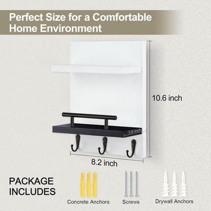Key Holder Wall Mount, Mail Shelf Decor with 3 Key Hooks, Versatile Wood Wall Organizer for Entryway Hallway (8.2” x 10.6”x 3.6”) (White)