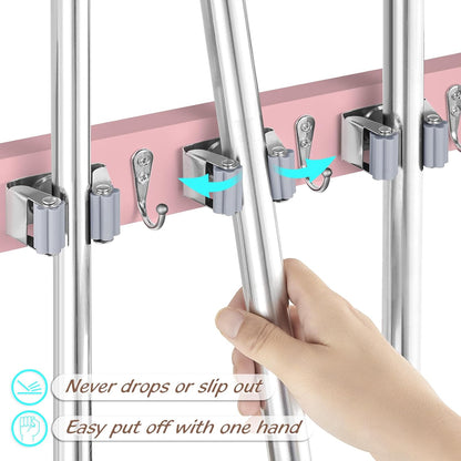 OUTNILI Mop and Broom Holder Wall Mount - Wood Broom Mop Hanger - Wall Mounted Garden Tool Rack Organizer for Closet Garage Laundry Room for Rustic Kitchen Decor With 5 Slots & 4 Hooks