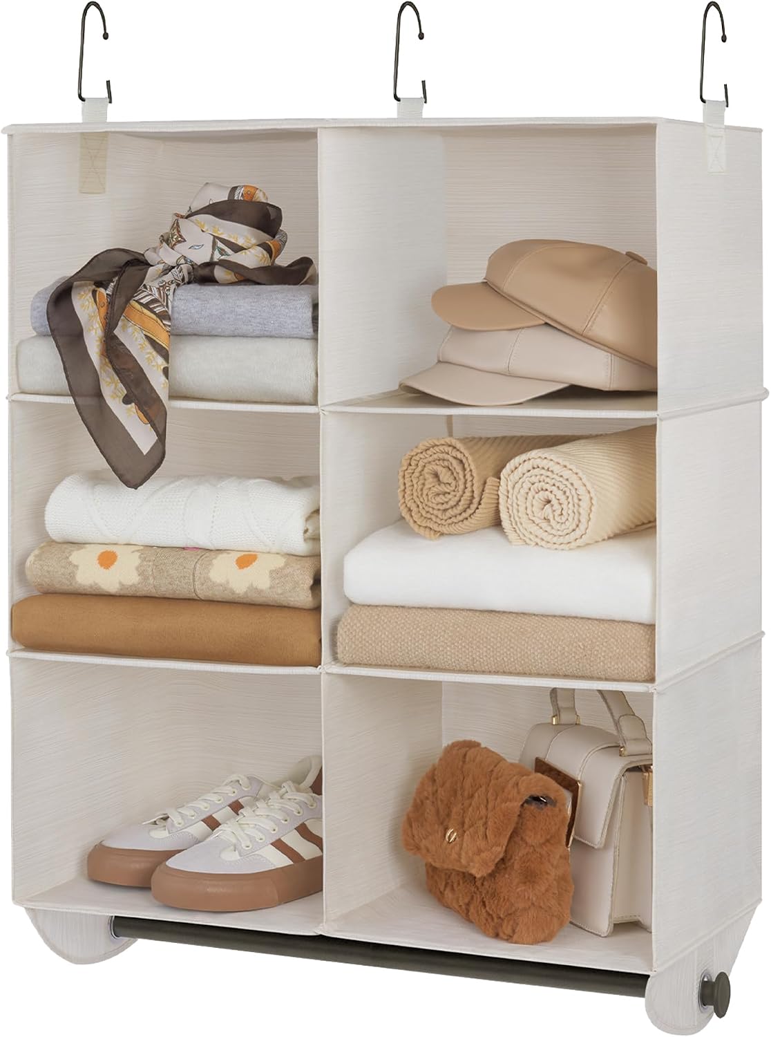 StorageWorks Hanging Closet Organizer with Metal Rod, 4-Section Closet Organizers and Storage, Collapsible Hanging Shelves for Baby Clothes, Shoes, Sweater Storage, Ivory and White
