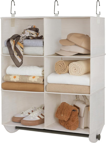 StorageWorks Hanging Closet Organizer with Metal Rod, 4-Section Closet Organizers and Storage, Collapsible Hanging Shelves for Baby Clothes, Shoes, Sweater Storage, Ivory and White