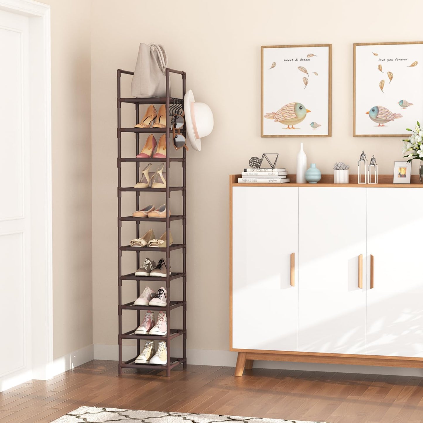 LANTEFUL Tall Narrow Shoe Rack for Entryway, 10-Tier Sturdy Metal Shoe Shelf Storage 10-15 Pairs of Shoes and Boots, Space Saving Corner Shoe Rack Organizer for Closet,Doorway,Garage,Living Room