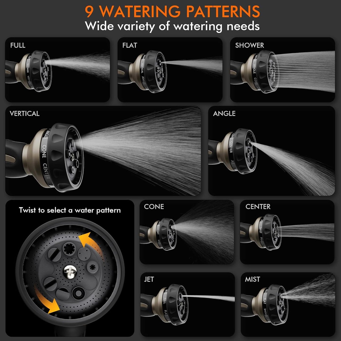 RESTMO Hose Nozzle Heavy Duty, Metal Water Hose Sprayer for Garden | 9 Spray Patterns, High Pressure, Thumb Flow Control, On/Off Valve, Ideal for Outdoor Lawn & Plant, Car & Pet, Black