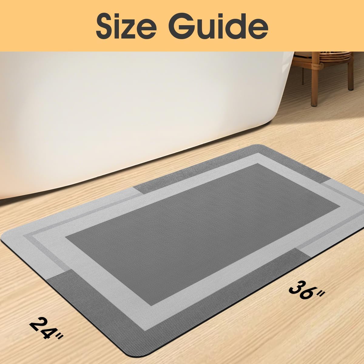 ACCUMTEK Non Slip Bath Mat, Thin Bathroom Rugs Fit Under Door, Quick Dry Bath Mats, Machine Washable Bath Rugs for Bathroom, Bathtub & Kitchen, Grey/Bordered/24 x17