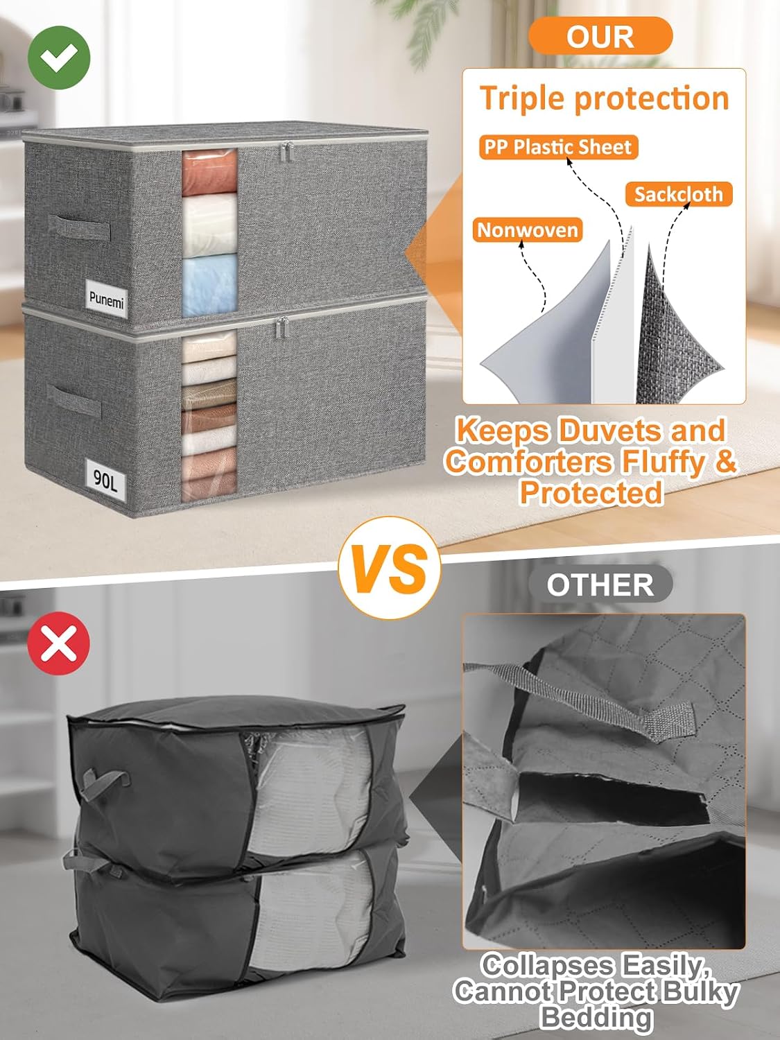 punemi Comforter Storage Bag, Large Blanket Storage Bags with Sturdy Structure, Zipper & 2 Handles for King/Queen Comforters, Quilts, Duvets, Pillows, Bedding and Clothes, 21.7x14.2x11.8in, 2 Pack