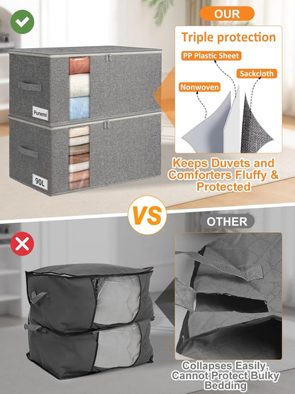 punemi Comforter Storage Bag, Large Blanket Storage Bags with Sturdy Structure, Zipper & 2 Handles for King/Queen Comforters, Quilts, Duvets, Pillows, Bedding and Clothes, 21.7x14.2x11.8in, 2 Pack