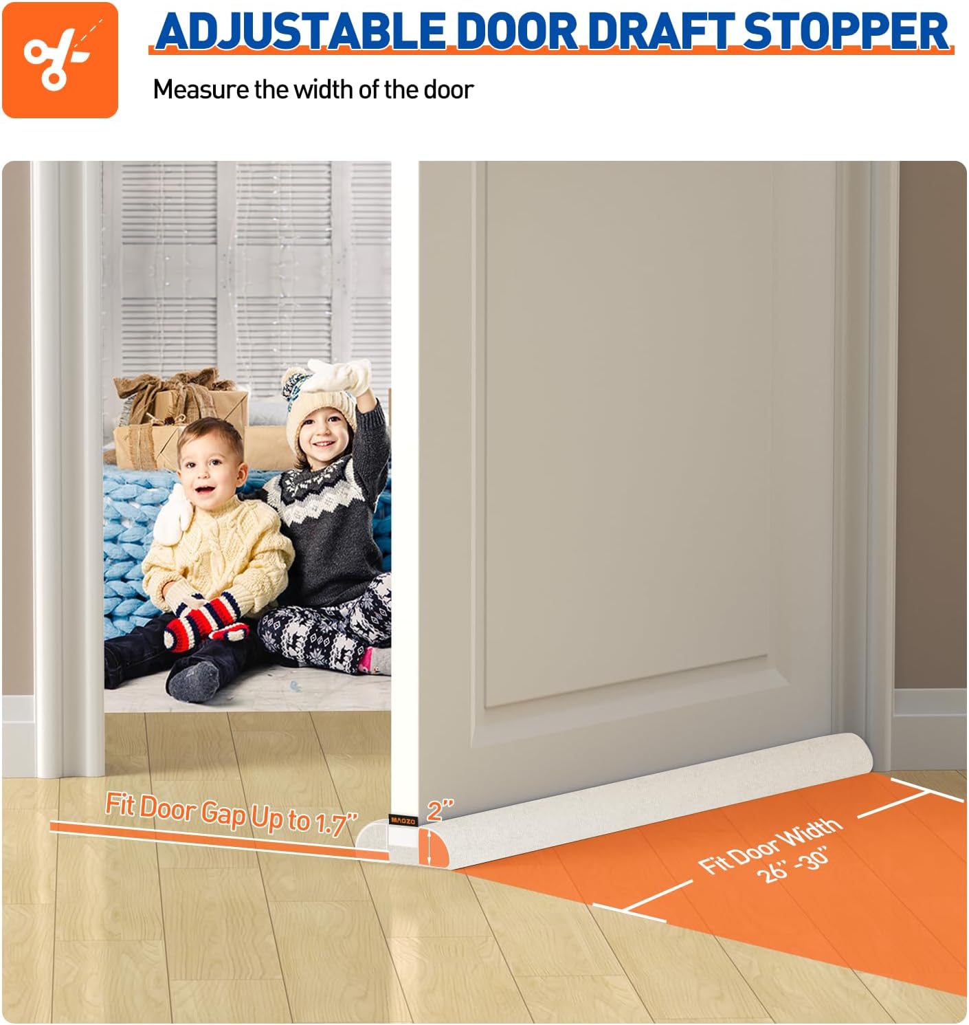 MAGZO Door Draft Stopper, 32 Inch Adjustable Under Door Gap Filler, Fits 26'' - 32'' Bottom Widths, Seals Gaps up to 1.7", Soundproof Sweep Blocks Air, Noise, Light, Dust- Grey