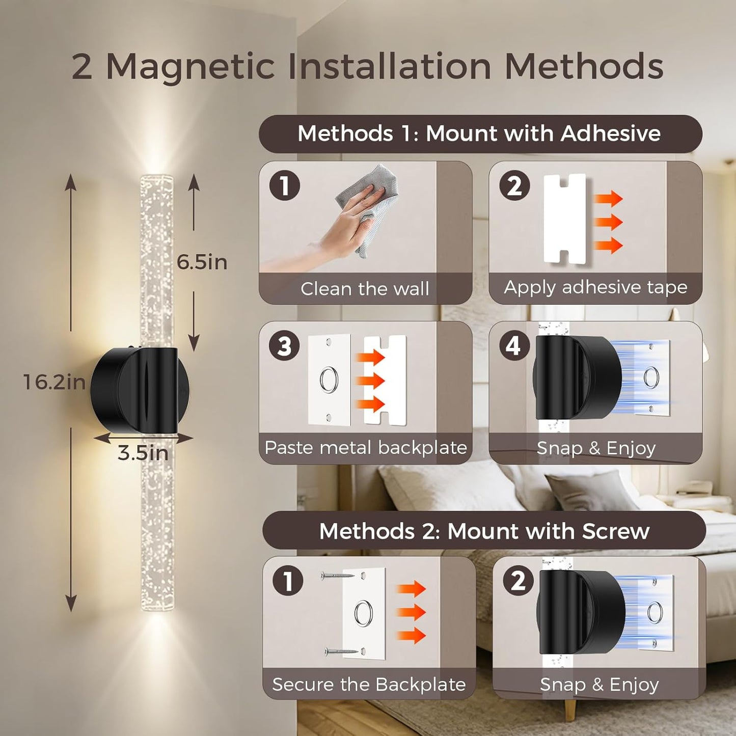 Peel and Stick on Battery Operated Wall Sconces Set of 2, Gold Wireless Magnetic Rechargeable Wall Lights with Remote & Touch Control, No Drill 3CCT Dimmable Wall Lamp for Bedroom Living Room Decor