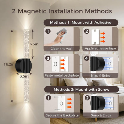 Peel and Stick on Battery Operated Wall Sconces Set of 2, Gold Wireless Magnetic Rechargeable Wall Lights with Remote & Touch Control, No Drill 3CCT Dimmable Wall Lamp for Bedroom Living Room Decor