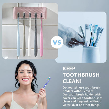5 Slots Toothbrush Holder Wall Mount with Cover, Self Adhesive Toothbrushes Storage Organizer Perfect for Dorm Bathrooms and Shower, Holds 5 Toothbrushes. (White)