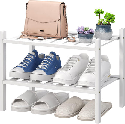 viewcare 3-Tier Black Bamboo Shoe Rack for Entryway, Stackable | Foldable | Natural, Shoe Shelf Storage Organizer for Hallway Closet, Free Standing Shoe Racks for Indoor Outdoor