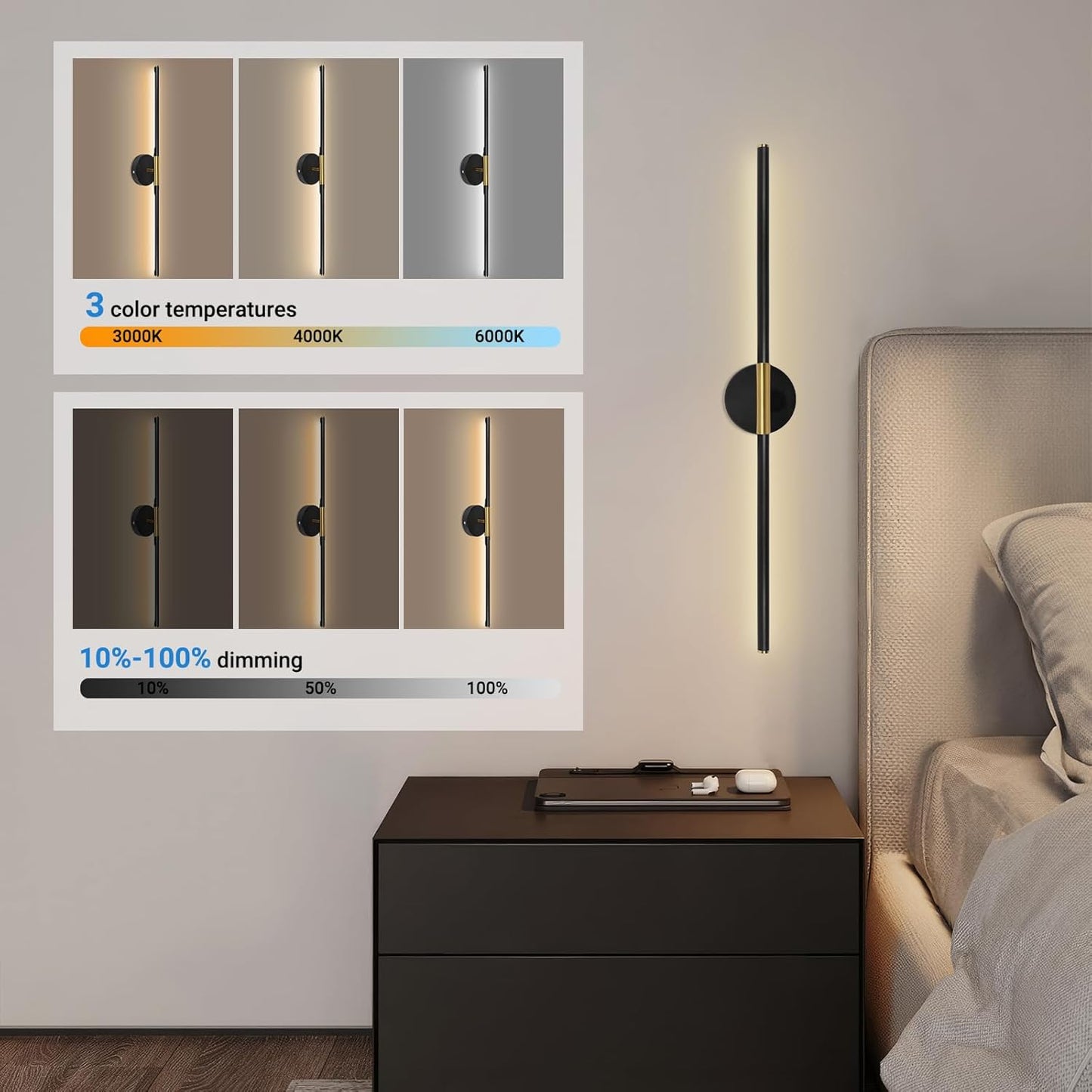 TaoFiaCo Battery Operated Wall Sconces Set of Two,Rechargeable Wall Sconces Set of 2 with Remote Control Dimmable Wall Light Decor for Living Room, Bathroom for, 24 Inch, Gold